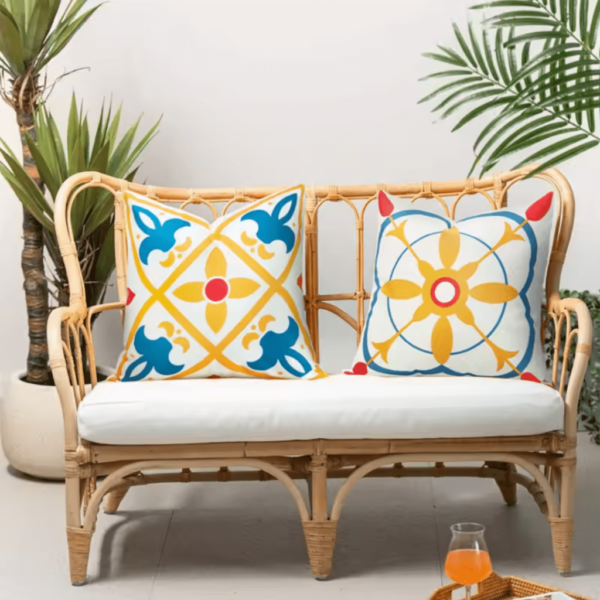 buitenkussen hoes 2stuks 45x45 blauw geel oranje wit design1